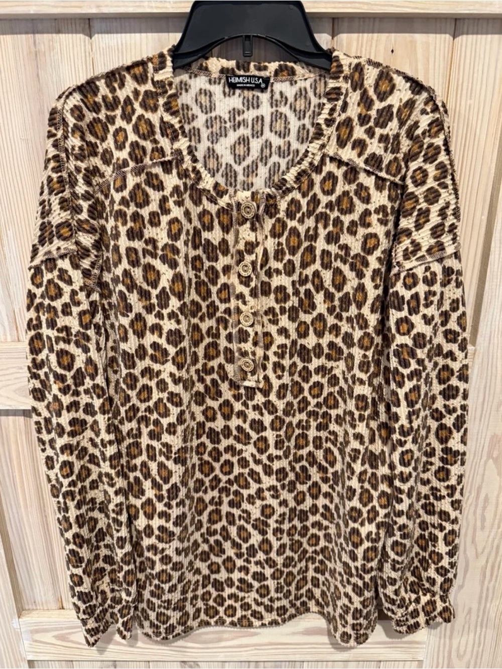 HEIMISH USA Ribbed Leopard Henley Long Sleeve Top - Tan, Brown